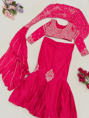 Image of Lehenga choli Womens And Girls Soft Crep Silk Saree With Full-Stitched Blouse With Embroidery Work Wedding navratri party letest