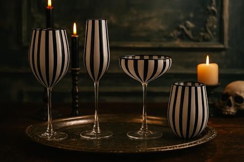 Image of 10 Strawberry Street Black & White Stripe Glassware, Stemless Wine Glass, Set of 4