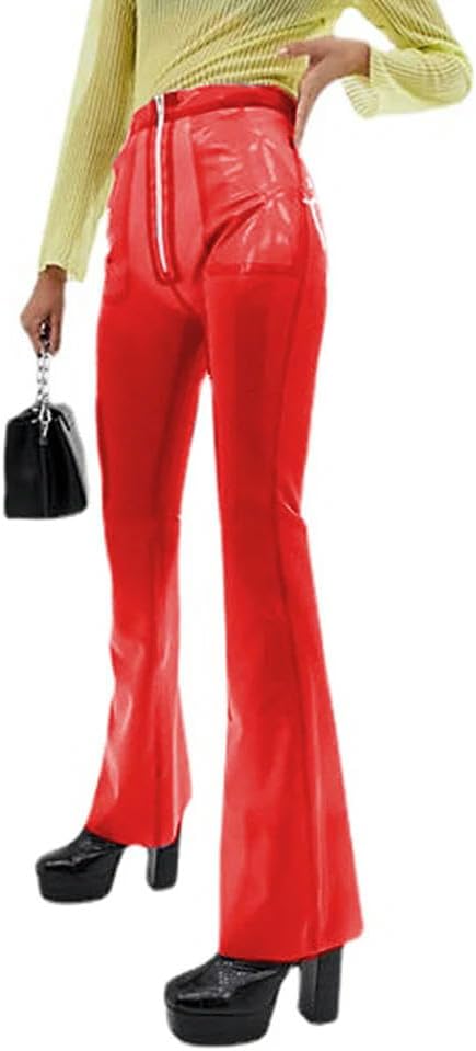 Women Exotic See-through Front Zipper PVC Lingerie Style Flare Pants Halloween Christmas Party