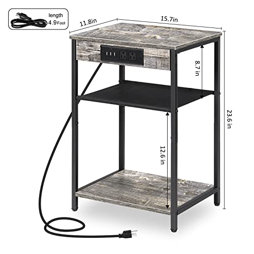 Set of 2 Nightstand with Charging Station, 3 Tier End Table with USB Ports & Power Outlets, Narrow Side Table for Small Spaces, Bedside Tables for Bedroom, Living Room, Gray - Thumbnail 3
