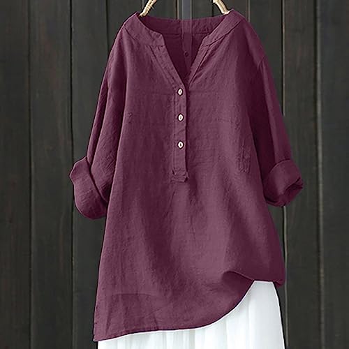 Blusas femininas de linho de algodão 2024 com botões e gola V, manga comprida, blusas estilosas, sol