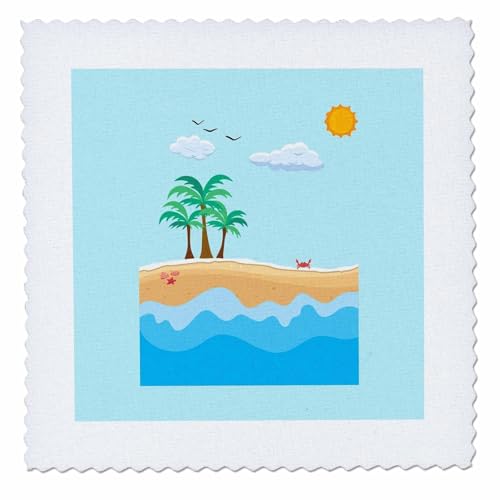 3dRose Image of Beach with Sun, Waves, Tree, Shells, Crab, Clouds,... - Quilt Squares (qs-388412-8)