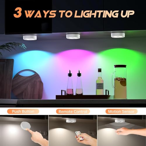 Image of 3PCS Motion Sensor Step Light, Rechargeable Puck Lights with Remote, Under Cabinet Lights with 3 Colors&RGB, Magnet Stick on Light for Closet, Hallway, Stairway, Bathroom, Bedroom, Kitchen