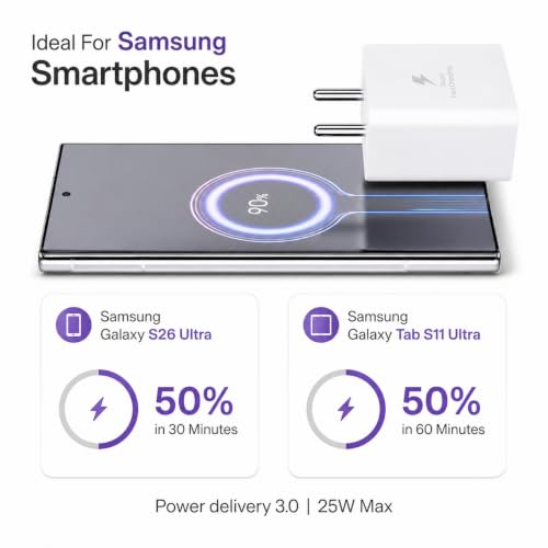 Image of 25W [BIS Certified] Type C Super Fast Charging(SFC) Charger Adapter for Samsung with Type C Cable Included |Compatible with Samsung Galaxy S27,S26,S25, S24 /Ultra and Other S /F /M /A /Z Series (White)