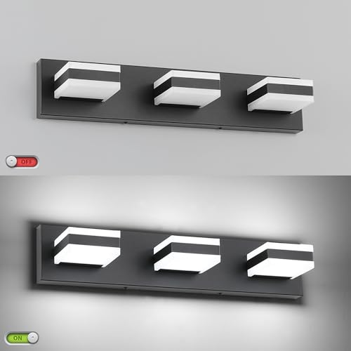 Image of SOLFART Vanity Lights for Bathroom, Black 3 Light Bathroom Light Fixtures Modern Black LED Vanity Light Cool Light 6000K