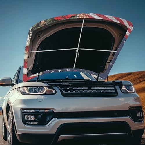 Image of American Flag and Red Poppy Hood Cover for Car SUV Sedan Truck, Waterproof Elastic Polyester Car Hood Protector, Patriotic Decorative Automotive Accessories for Summer