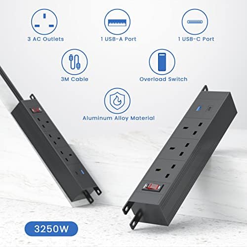 Desk Power Socket with USB C, Dinolink Aluminum Alloy 3M Extension Lead with 3 UK Plug, Switched Desk Power Strip for Home Office Standing Desk, Black