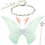 Sratte 4 Pcs Fairy Butterfly Wings for Girls Kids Princess Floral Crown Star Wand Ears Halloween Dress up Costume Accessories(Sliver)