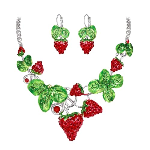 EVER FAITH Women's Austrian Crystal Sweet Strawberry Leaf Necklace Earrings Set Red Silver-Tone