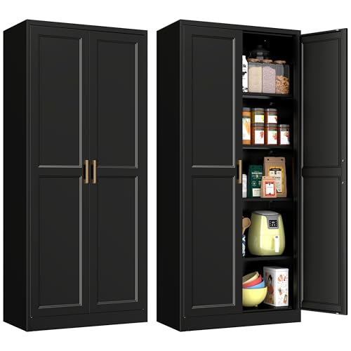 Image of Polup Pantry Cabinet, 71 Inch Tall Kitchen Storage Cabinet, Metal Pantry Cabinet with Doors and Adjustable Shelves, Black Food Cupboard, Freestanding Cabinet for Living&Dinning Room, Assembly Required