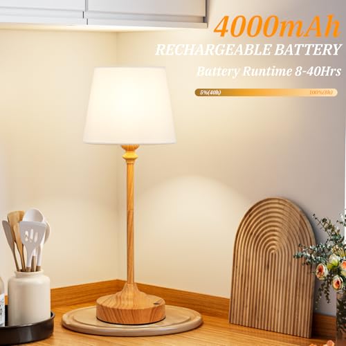 Image of Kakanuo Cordless Table Lamps Rechargeable Set - 2 Pack Wooden 4000mAH Battery Operated Lamps for Decor, 3000K Stepless Dimming Touch Control Wireless Lamps for Bedroom, Dining Table