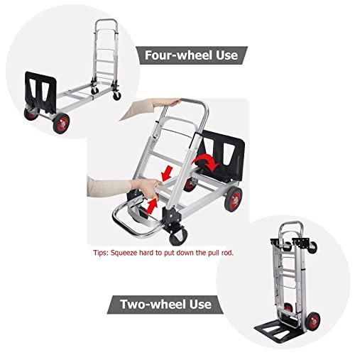 Playinyard Aluminium Convertible Folding Hand Truck And Dolly, Portable 2 In 1 Heavy Duty Hand Cart With 2 Swivel Wheels For Luggage,Travel, Moving, Office Use, 265 Lbs Capacity, Sliver #TOP3