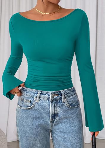 Image of PRETTYGARDEN Women Long Sleeve Shirt 2025 Crop Casual Boat Neck Bell Sleeve Ribbed Ruched Y2K Clothing