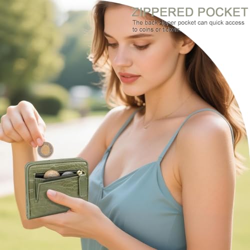 Image of Crocodile Wallets Women Small RFID Blocking Credit Card Holder | Luxury Alligator Faux Leather Thin Bifold Croc Womens Wallet Ladies Mini Purse with Coin Pocket, Olive