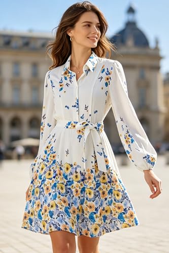 Image of Women Long Sleeve Spring Button Down A-Line Floral Print Summer Cocktail Shirt Dresses with Belt