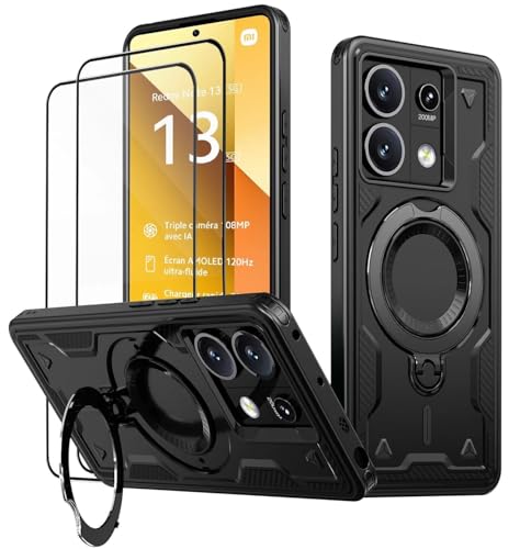 KANSi Case for Xiaomi Redmi Note 13 5G (Not for 4G) and Tempered Glass*2, Rugged Phone Case with Kickstand and Ring Holder - Black