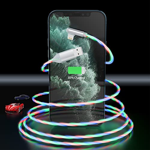 90 Degree Flowing 2M/6FT Light Up Lightning Charge Cable,Glowing Apple Charger Adapter Sync Connector Cord for Car with iPhone 13/12 Pro Max /11 Pro/XR/XS Max/X/8 7 SE 2020,iPad/iPod (Colorful)
