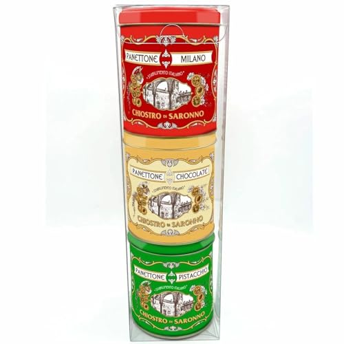 Chiostro Di Saronno Assorted Mini Panettone & Pandoro Tin Collection - Set of 3 x 100g | Contains: 1 x Classic 1 x Chocolate & 1 x Pistachio - Great as a Gift