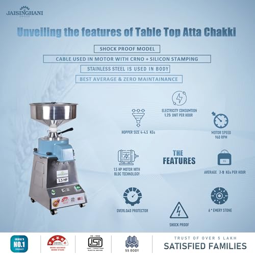 Image of Jaisinghani Group 1.5 HP Table Top Atta Chakki | Domestic Stone Flour Mill for Wheat, Multigrain, Spices | Stainless Steel Grinder for Home Kitchen Use | 7-8 Kg /Hour Grinding Capacity