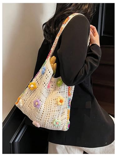 Bolso tote tejido con apliques florales para mujer miniatura 5