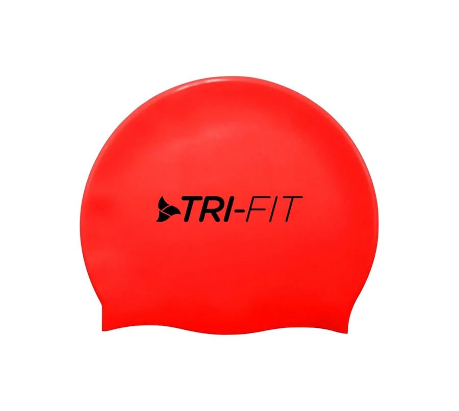 TRI-FIT Silicone Swimming Cap For Open Water | Hypoallergenic & Waterproof | Wrinkle-Free Fit | High Stretch Material For Reduced Drag | For Men & Women (Red)