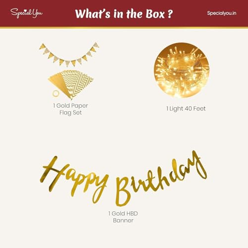 Image of Special You Happy Birthday Banner with Fairy led light for decoration and Golden Triangle Paper flags set for birthday decoration items- 3 Items