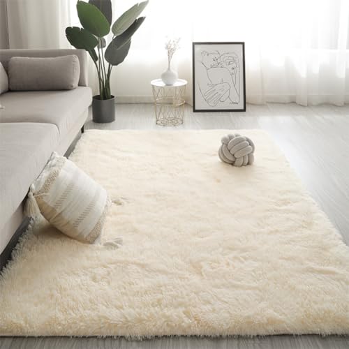 Swsen Tapis de Salon Shaggy Ultra Doux - Moelleux et Lavable - Tapis Moderne pour Chambre avec Dessous Antidérapant, 160 x 230 cm, Blanc Cassé