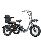 TINIOVER Creek Folding Electric Tricycle for Adults 2 Seater with Dual Batteries, 20MPH 80 Miles Fat Tire Electric Trike, 1000W 3 Wheel Electric Bike (with Passenger Kit, 15AH+20AH Dual Batteries)