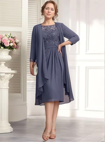 2 Pieces Chiffon Mother of The Bride Dresses Tea Length Lace Long Sleeve Formal Evening Dresses with Jacket4