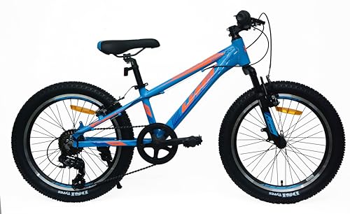 DEPORBIKES Bicicleta 20 Pulgadas niño 6-10 años | Bicicleta montaña + Cuadro Aluminio + 7 Velocidades Shimano + Suspensión Delantera + Frenos V-Break | Ideal para niños (Azul-Naranja)