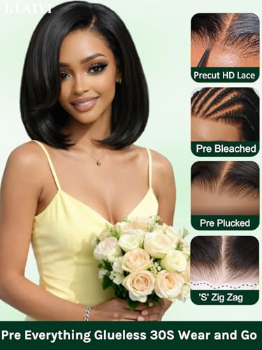 Image of KLAIYI Layered Bob Straight Bye Bye Knots Precut 7x5 Lace Front Wigs Human Hair Side Part Bang Blunt Cut Drawstring Glueless Wear and Go Wig Pre Plucked Bleached 30S Ready to Put On Go Wig 150% 12Inch