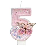 Ovanda Geburtstagskerzen Zahlen 5, Schmetterling Geburtstagskerzen,Rosa Schmetterling Kerzen Geburtstag,Kuchen Topper Dekoration,Schmetterlings Zahl 5 Kerzen für Kuchen,Geburtstag Cake Topper Mädchen