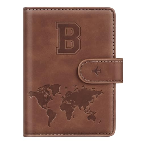 Passport Holder Wallet Cover Personalized Letter A-Z Travel Wallet RFID Blocking Passport Cover Wallet Case for Travel Passport Book Holders for Women and Men, Brown-B