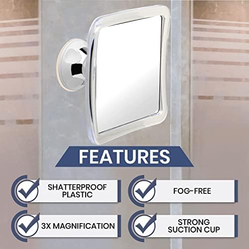 Mirrorvana 3X Magnifying Fogless Shower & Shaving Mirror with Suction Mount for Bathroom, Anti Fog Shatterproof Surface and 360° Swivel, 16cm x 16cm