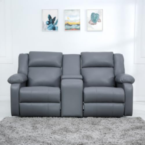 Image of Solis Royale Leatherette Manual 2 Seater Recliner Sofa Chair | Center Console and Cup Holder | Comfortable Lounge Sofa Chair for Living Room, Bedroom, Office, Home (SNUGHEAVEN-Grey)