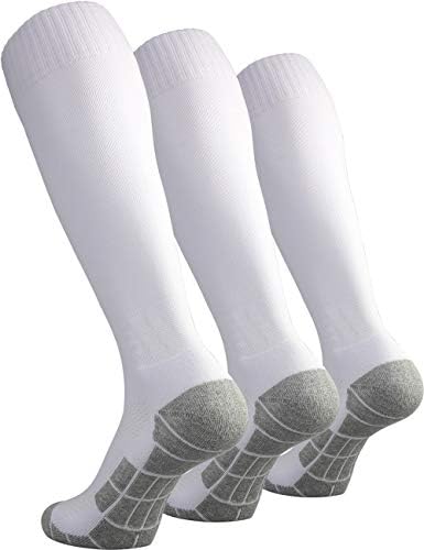 CWVLC Soccer Socks Mens Womens 3 Pairs Sport Equipment Team Athletic Knee High Long Tube Cotton Compression Socks White Large (10-13 Women/8-12 Men)