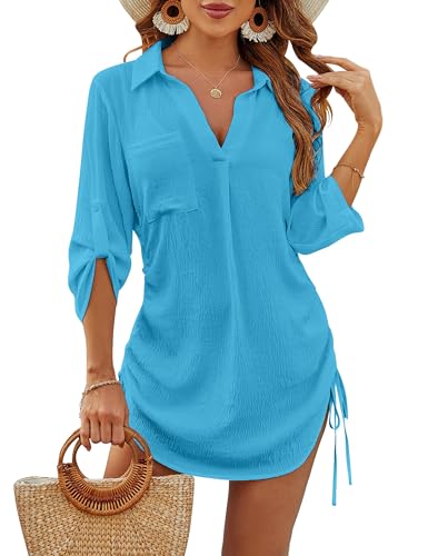 Image of Blooming Jelly Womens Bathing Suit Cover Ups Bikini Swimsuit Coverup Drawstring Beach Dress Shirt