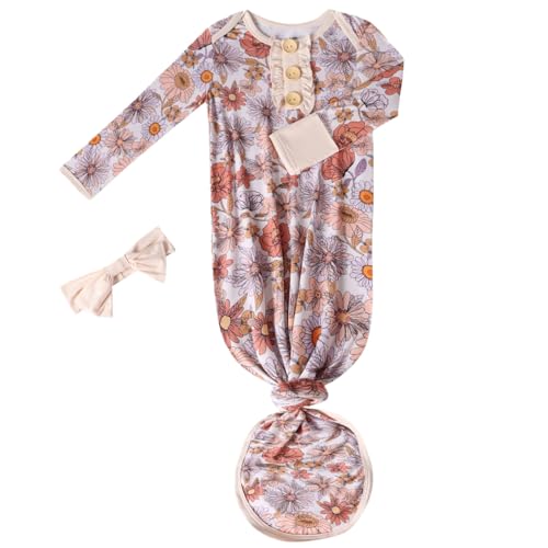 Image of Baby Newborn Knotted Gown, Soft Breathable Viscose from Bamboo for Infant Home Coming Outfit, Knotted Gown with Headband