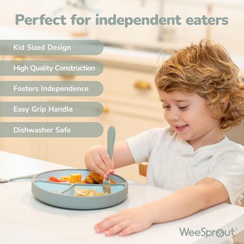 Image of Kids Stainless Steel Utensils Set - Premium 18 /8 Grade Silverware Kit - 2 Spoons, 2 Forks, and 2 Knives for Ages 4-7 - Silicone Easy-Grip Handles - Children Flatware Cutlery (Bright - Blue, Green)