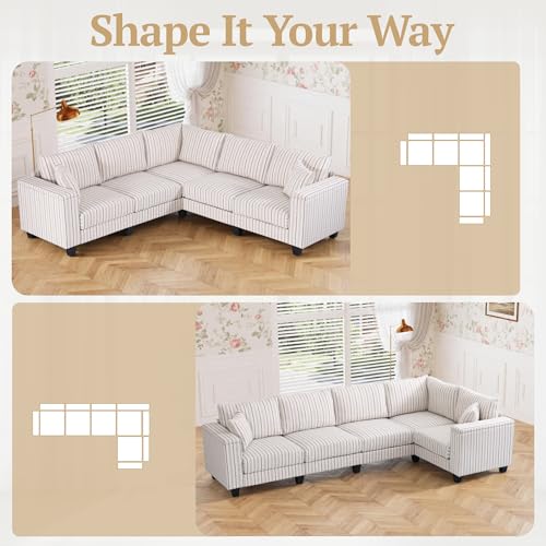 Image of 97 inch Stripe Pattern Sectional Corner Sofa with Storage Armrests & 2 Pillows, Oversized Modular Couch V-Shape Sofa Upholstered L-Shape Couch 5-Seat Sectional for Living Room, Apartment, Bedroom