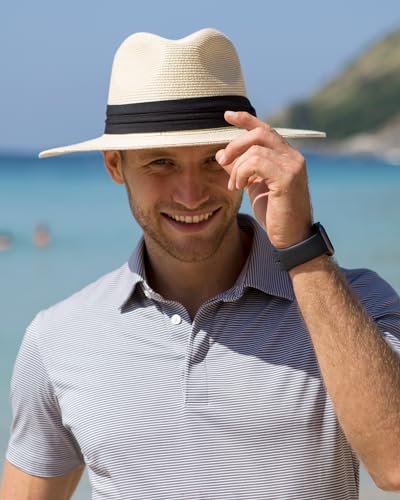 Image of FURTALK Sun Hat Wide Brim Straw Fedora Panama Beach for Men Women | Foldable & Packable for Travel, Breathable Sweatband, Adjustable Chin Strap, Ideal for Summer Boating, Gardening or Holidays