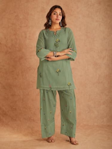 Image of ANNI Designer Farshi Salwar Suit for Women Viscose Embroidered | Co Ord Set for Woman | Straight Kurta Palazzo Outfit Round Neck V Slit 3 /4 Sleeve Ethnic Dress Womens Clothing