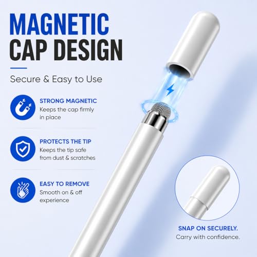 Image of Mizi Universal Stylus Pen for Touch Screens, 2-in-1 Disc & Fibre Tip Stylus for iPad, iPhone, Android, Tablet, Chromebook, Kindle, Switch - High Precision, No Bluetooth, Magnetic Cap - White