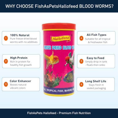 Image of Hallofeed Freeze Dried Blood Worms | Net Weight 55 Grams | 100% Natural Fish Food for Betta, Tetras, Arowana, Flowerhorn, Oscar - Improves Health & Immunity