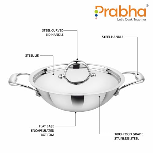 Image of Prabha Prima Kadhai Flat Bottom with Lid, Stainless Steel, Kitchen Kadhai, 18cm, 1.4L, Induction & Non Induction Base, 60 Months Warranty