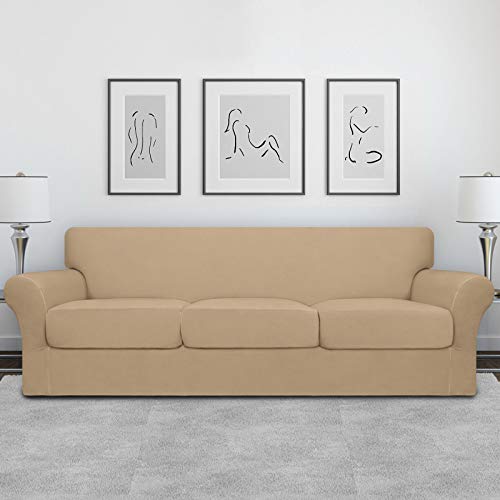 Image of Easy-Going 4 Pieces Oversized Stretch Couch Cover for Dogs Washable | Sectional Sofa Slipcover for 3 Separate Cushion Couch - Elastic Furniture Protector for Pets, Kids Pale Yellow