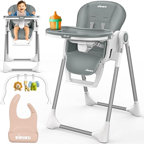 KIDUKU® Trona Bebé 3 en 1 Reclinable para Recién Nacido | Trona Infantil Plegable con Arco de Juego | Silla Evolutiva Altura Ajustable 7 Niveles | Crece con el Bebé 0-36 Meses (Gris claro)