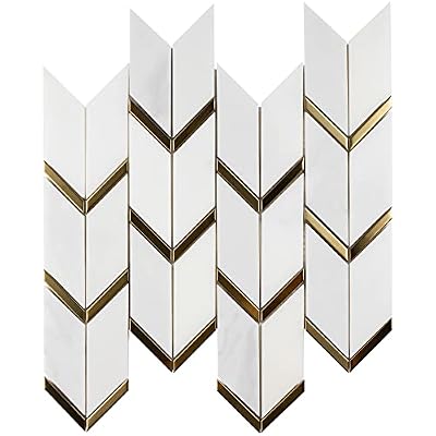 Tile Generation NBG-3 Chevron White and Gold Metal Stainless Steel Polished Marble Tile (10 Sheets)