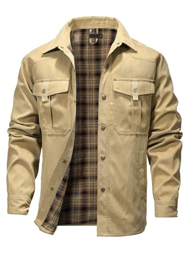 HYPESTFIT Mens Flannel Lined Shacket Jacket Plaid Brushed Lining Cowboy Western Twill Outdoor Shirt Jacket