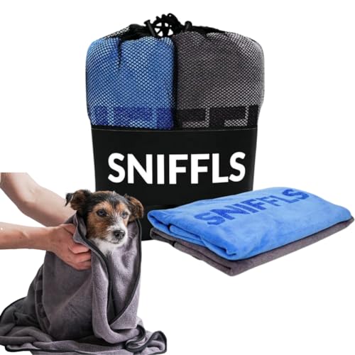 Sniffls 2X Premium Hundehandtuch extra saugfähig - Hunde Handtuch kleine Hunde (70x40cm) schnell trocknendes Mikrofaser Handtuch (weich & waschbar bis 60°) - mit praktischer Tasche